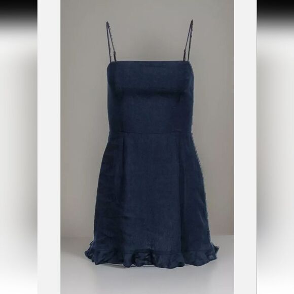 Reformation Kiernan Mini Ruffle Linen Navy Dress 8 - Picture 7 of 10